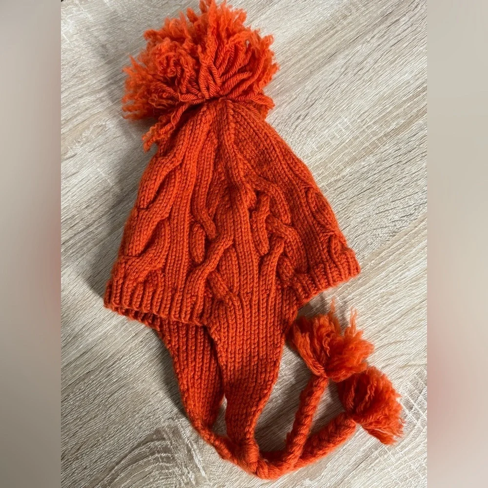 VTG Banana Republic Unisex Orange Sift Wool Chunky Cable Knit EarflapsBeanie Hat